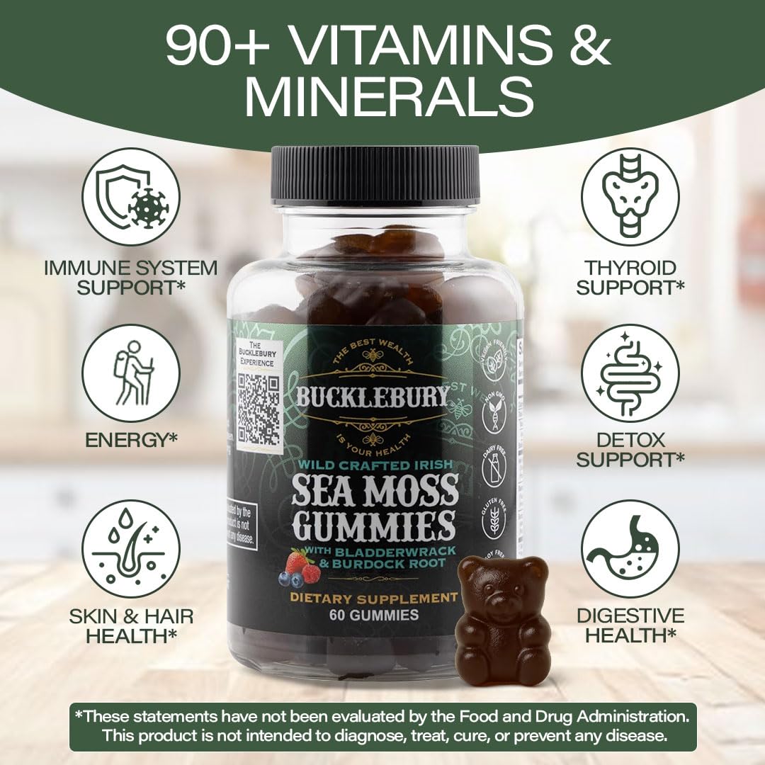 BUCKLEBURY sea moss gummies close-up showing chewy texture.