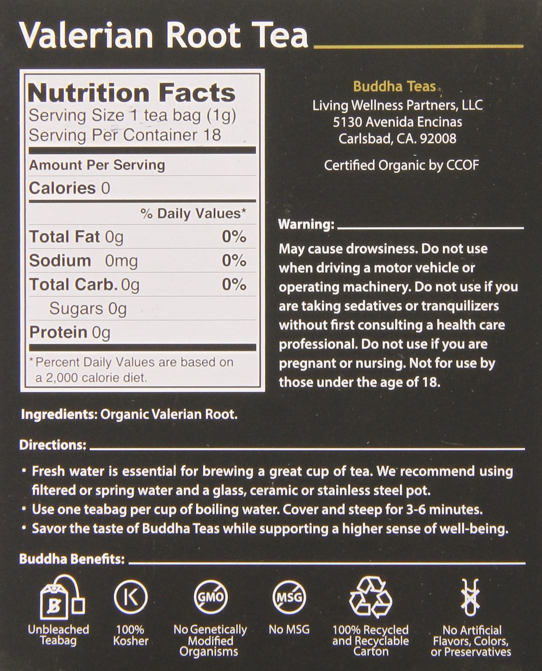 Buddha Teas Valerian Root Tea steeping cup highlighting calming aroma and smooth flavor.