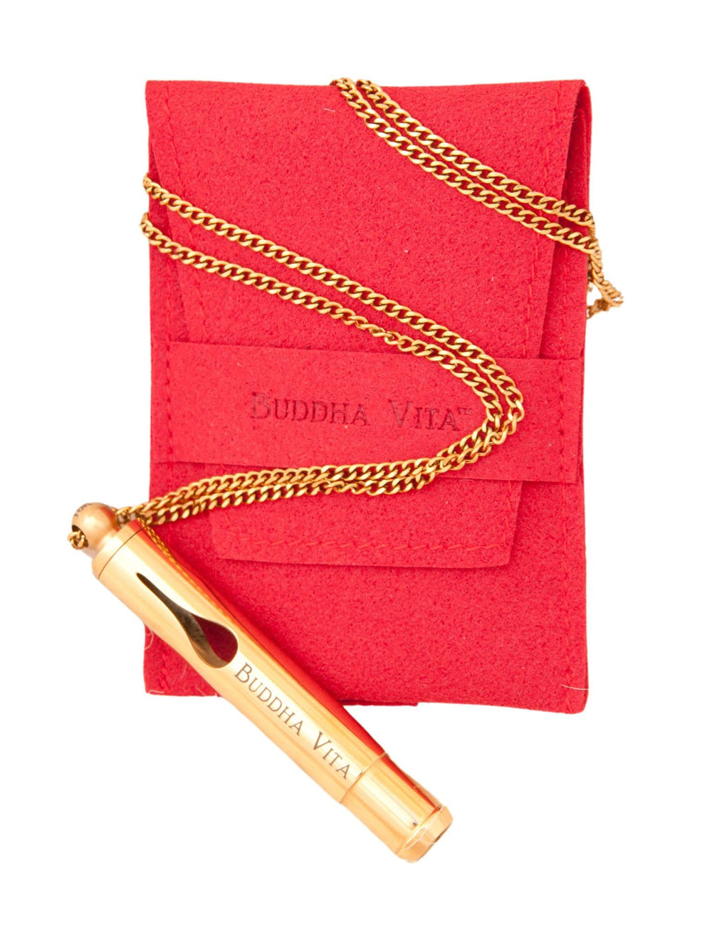 Buddha Vita breathing necklace worn on chain for mindful breathing on the go
