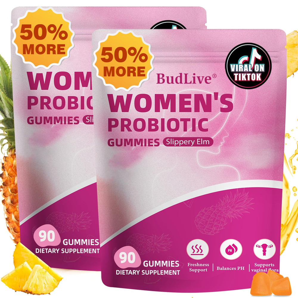 BudLive vaginal probiotics gummies pineapple bottle promoting daily balance and odor control.