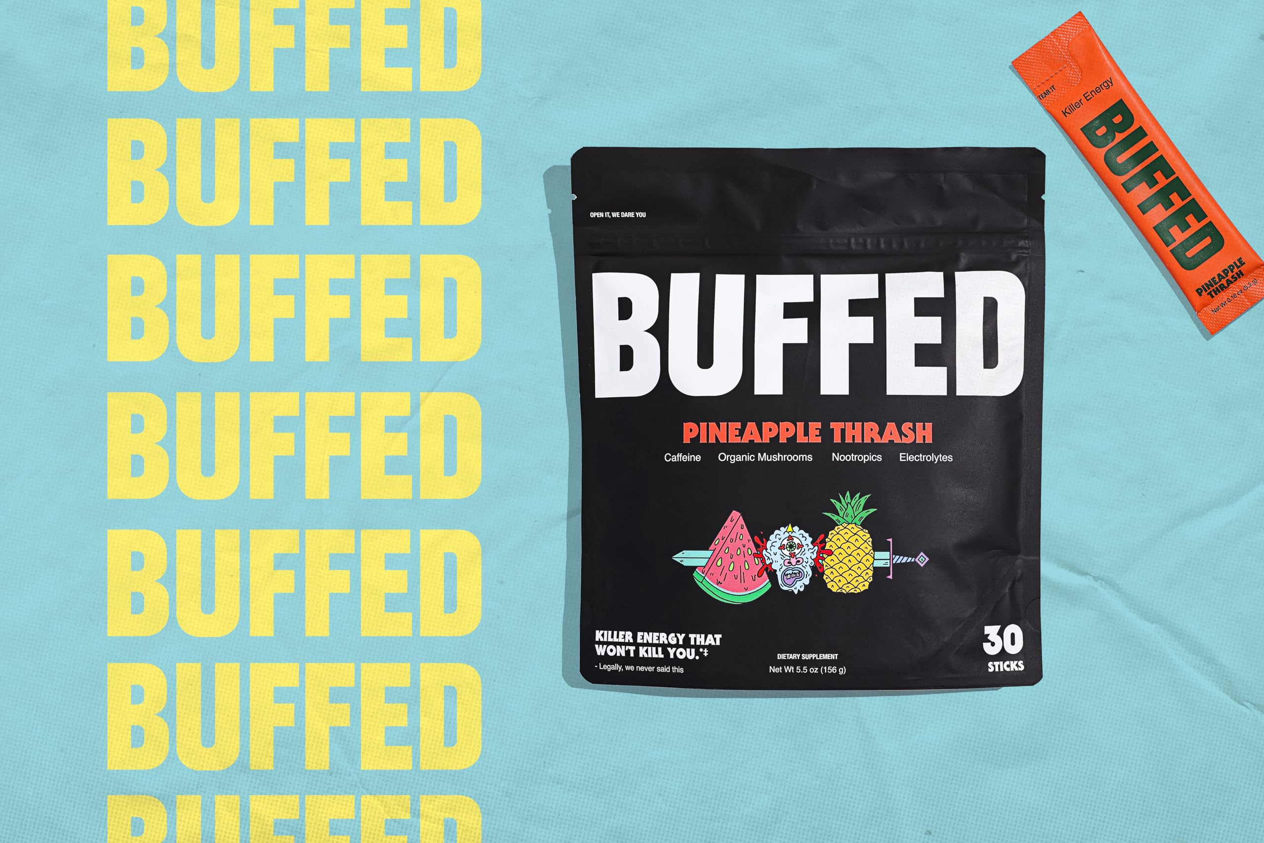 Close-up of BUFFED Pineapple Thrash ingredients label.