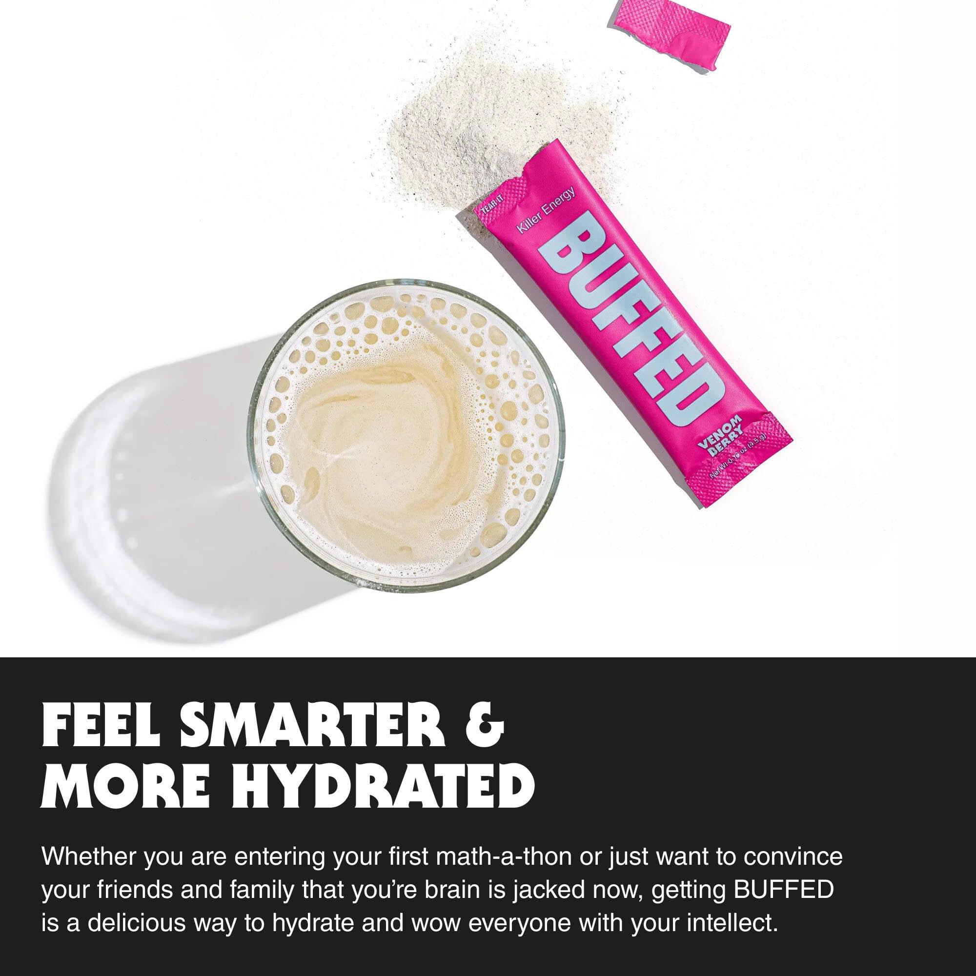 Dissolving BUFFED powder in water creates a pineapple energy drink.