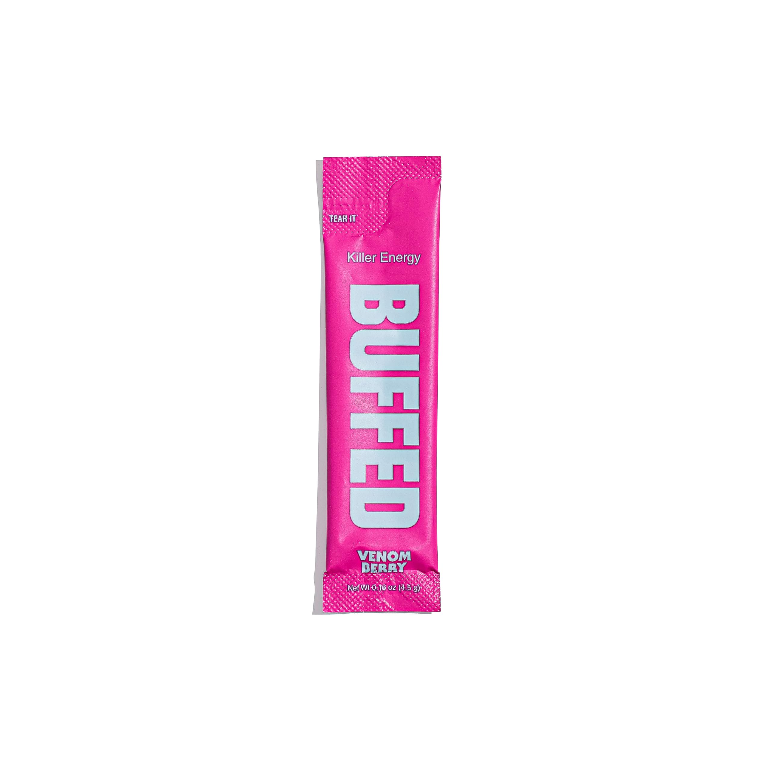 Close-up of BUFFED Venom Berry bottle showing a clean label.