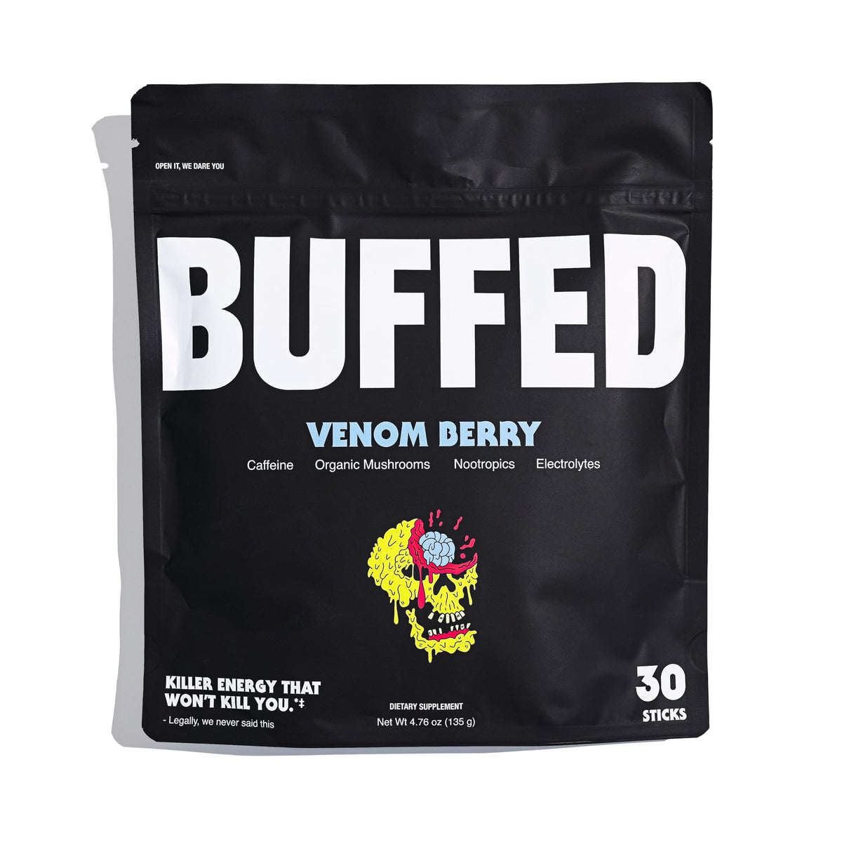 BUFFED Venom Berry energy powder pour for a quick focus boost.