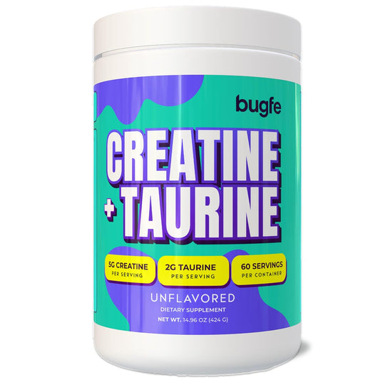 Bugfe Creatine Taurine tub label with key benefits and dosage.