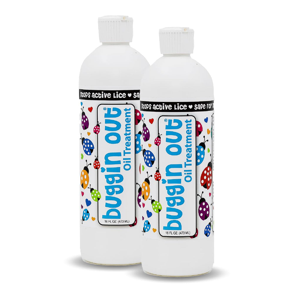 Buggin Out dimethicone oil bottle for family lice care, easy application.