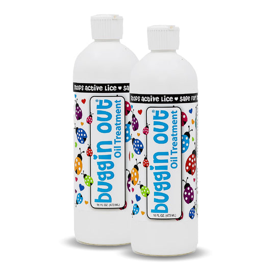 Buggin Out dimethicone oil bottle for family lice care, easy application.