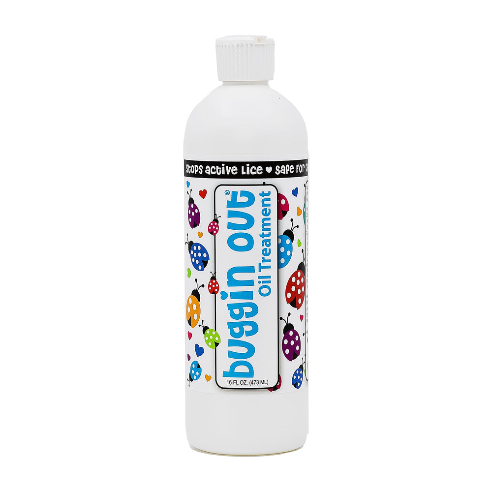 Buggin Out dimethicone oil bottle prepared for at-home lice care.