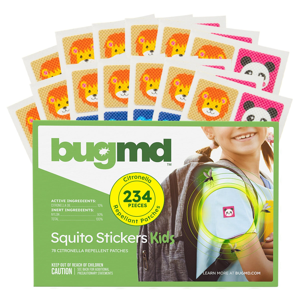 BugMD Squito Stickers show colorful animal designs for kid-friendly mosquito protection.