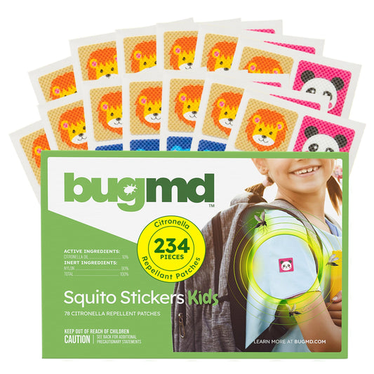 BugMD Squito Stickers show colorful animal designs for kid-friendly mosquito protection.