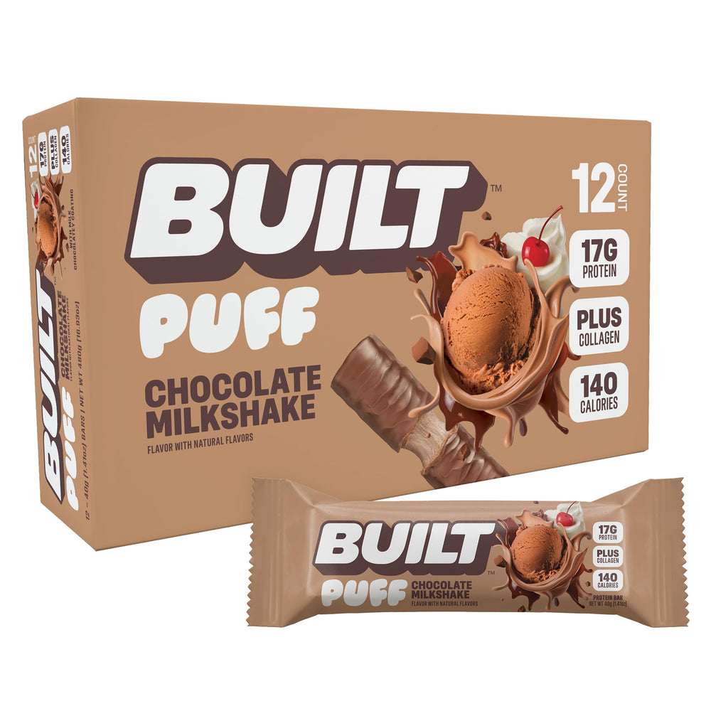 Built Bar Puff chocolate milkshake bite, protein-packed for workouts.