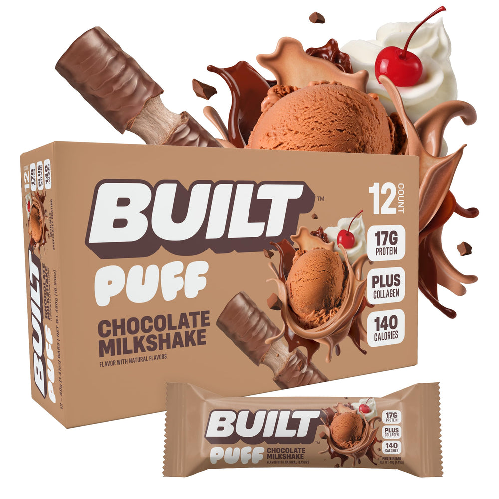 Built Bar Puff collagen peptides visible in the bar for potential beauty support.