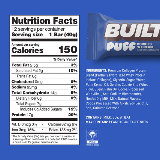 Built Bar Puff Cookies 'N Cream bar close-up shows creamy texture.
