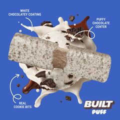 Built Bar Puff Cookies 'N Cream nutrition panel emphasizes calories and protein.