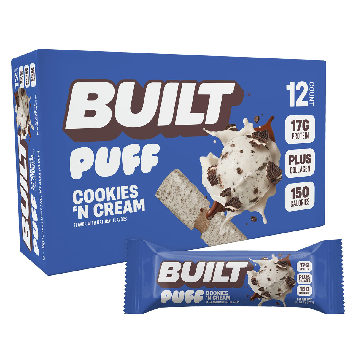 Built Bar Puff Cookies 'N Cream packaging highlights protein and collagen benefits.