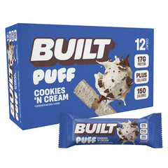 Built Bar Puff Cookies 'N Cream packaging highlights protein and collagen benefits.