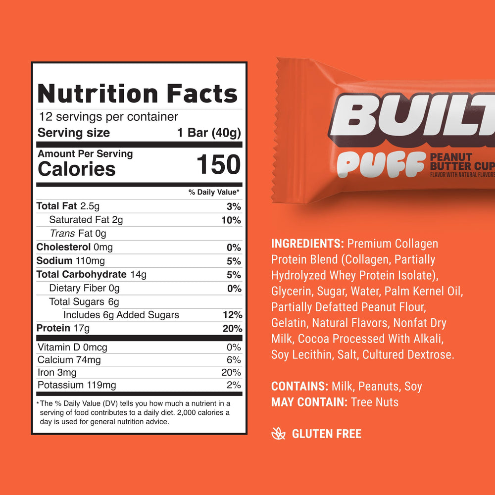 BUILT Bar Puff Peanut Butter Cup image highlighting collagen peptides in every bite.