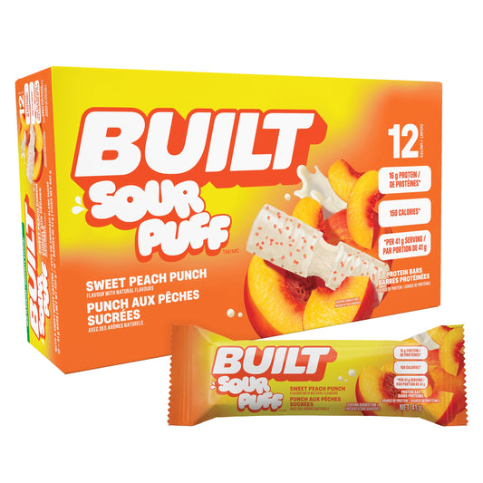 Built Bar Sour Puff Sweet Peach Punch bar with juicy peach flavor and marshmallow center.
