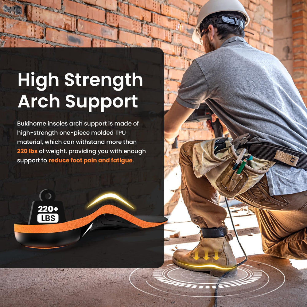 Bukihome insoles feature gel cushions with shock absorption for comfort under pressure.