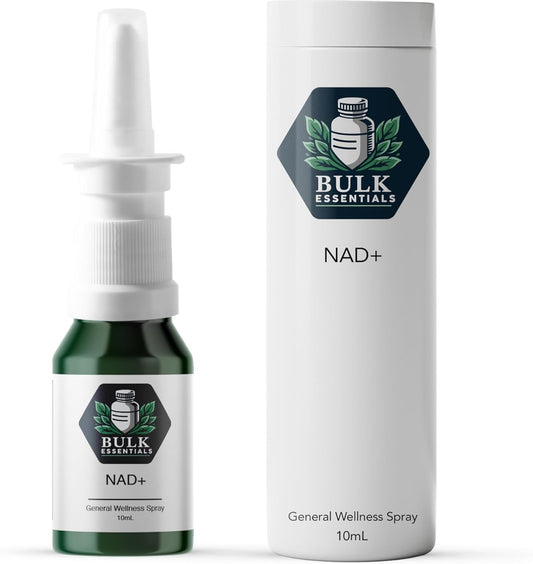 Bulk Essentials NAD+ Spray bottle front view, compact for daily use.