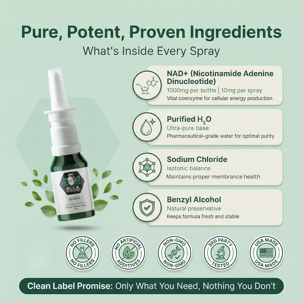 NAD+ Spray dispensing action showing quick, precise dosing by Bulk Essentials.