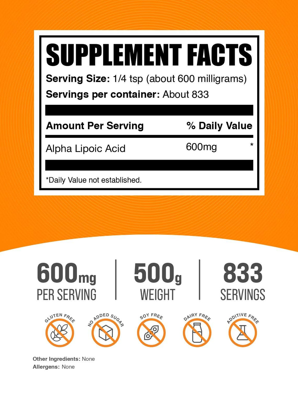 BulkSupplements ALA powder with measuring spoon highlights precise dosing for flexible use.