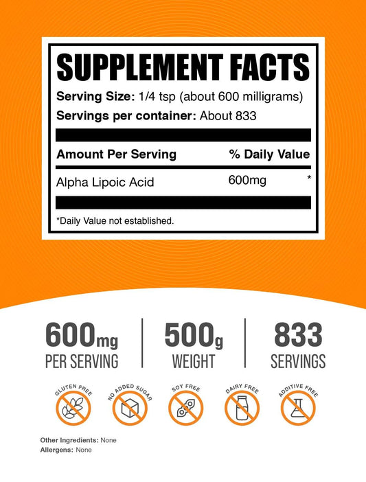 BulkSupplements ALA powder with measuring spoon highlights precise dosing for flexible use.