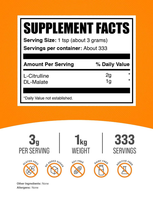 Scoop of BulkSupplements L-Citrulline Malate powder ready for precise 3 g servings