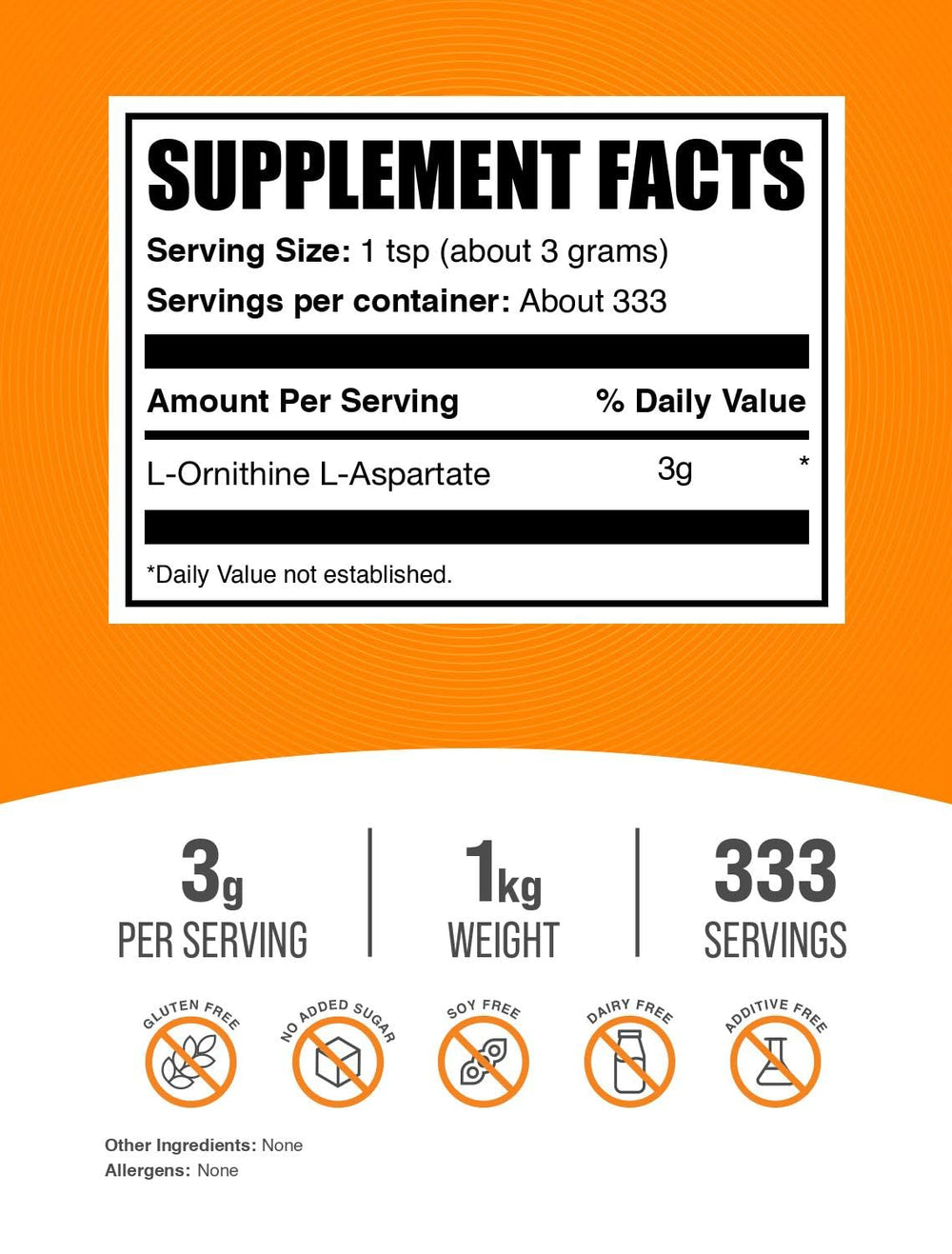 BulkSupplements L-Ornithine L-Aspartate powder in bottle, unflavored for easy mixing.