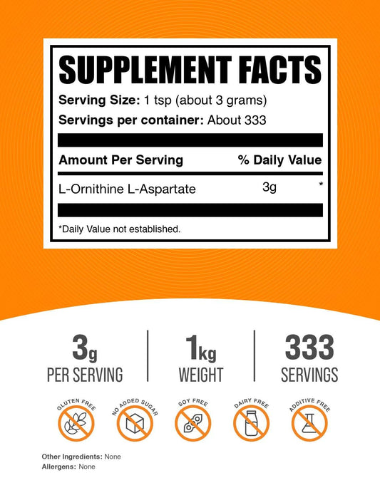 BulkSupplements L-Ornithine L-Aspartate powder in bottle, unflavored for easy mixing.