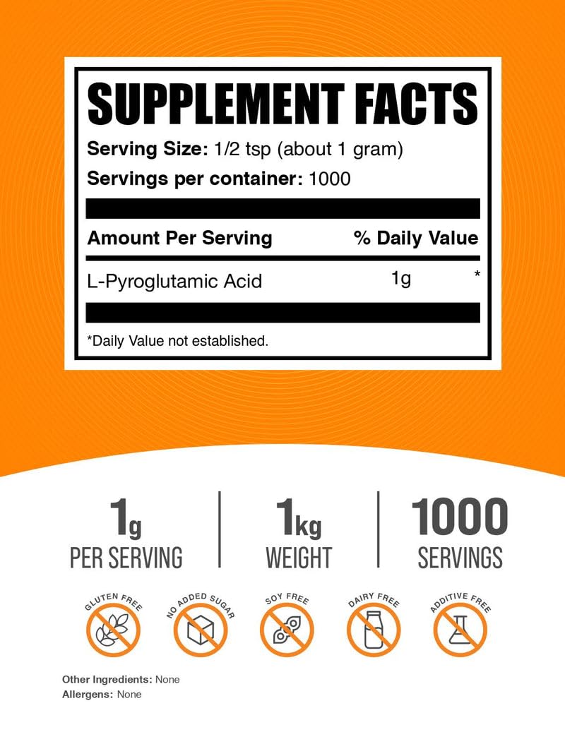 BulkSupplements L-Pyroglutamic Acid powder bag opened; easy to mix into smoothies.
