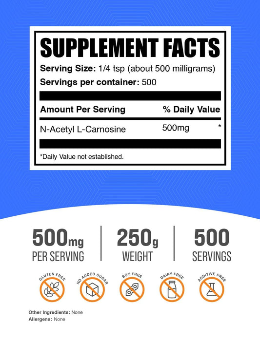 BulkSupplements N-Acetyl L-Carnosine powder scoop; easy to add to smoothies.