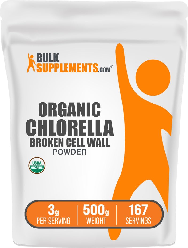 BulkSupplements Organic Chlorella Powder bottle with broken cell wall for easy nutrient intake