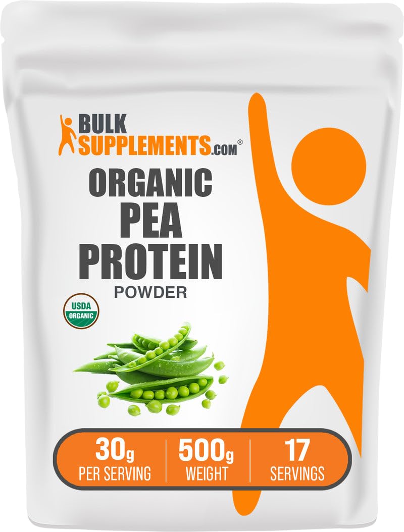 BulkSupplements Organic Pea Protein Powder 500g packaging shows gluten-free plant-based protein