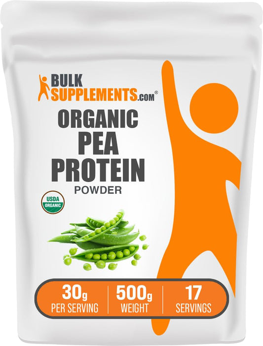 BulkSupplements Organic Pea Protein Powder 500g packaging shows gluten-free plant-based protein