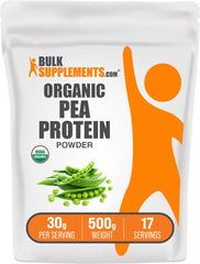 BulkSupplements Organic Pea Protein Powder 500g packaging shows gluten-free plant-based protein
