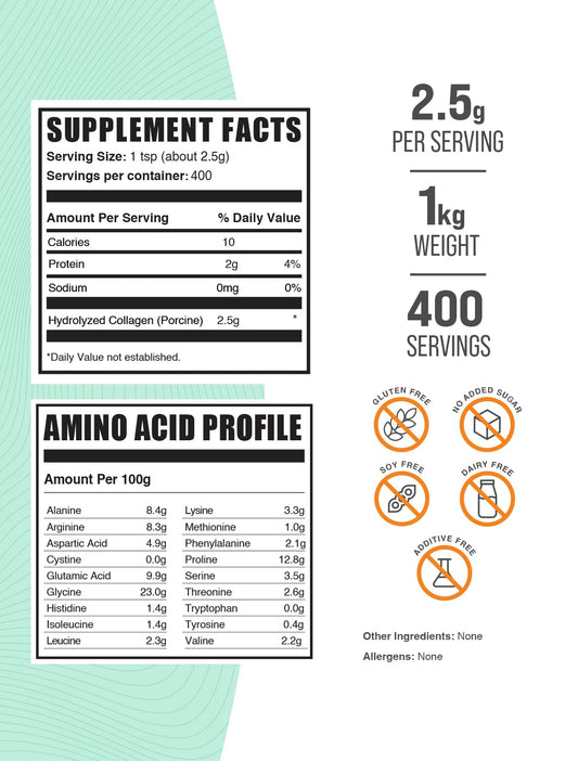 BulkSupplements porcine collagen powder scoop—precise 2.5 g serving for consistency.