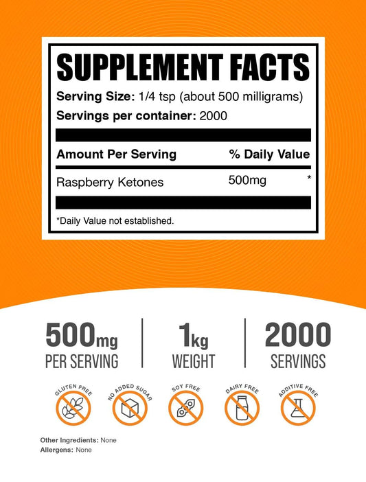 BulkSupplements Raspberry Ketones powder in scoop, ideal for mix-ins.