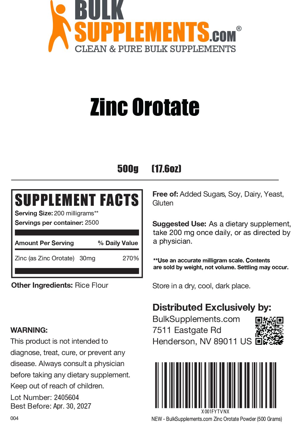 BulkSupplements Zinc Orotate powder 500 g jar ready for ongoing use.