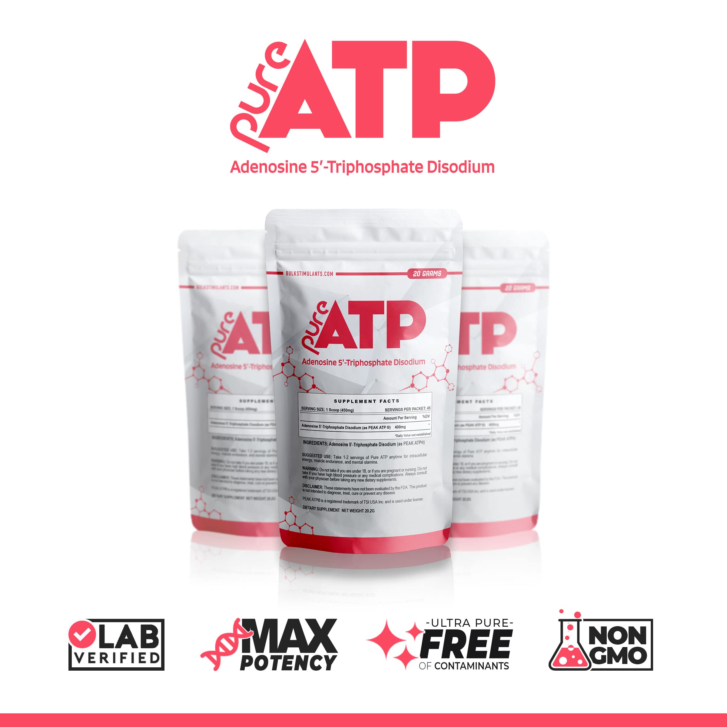 BulkStimulants Pure ATP bottle front shows clear label and premium packaging.