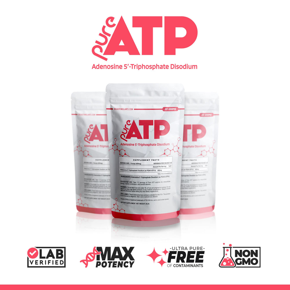 BulkStimulants Pure ATP bottle front shows clear label and premium packaging.