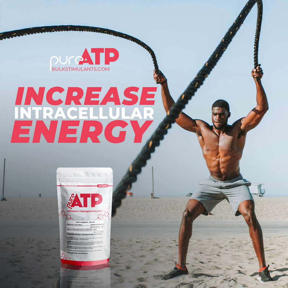 BulkStimulants Pure ATP powder being poured into a glass for quick mixing.