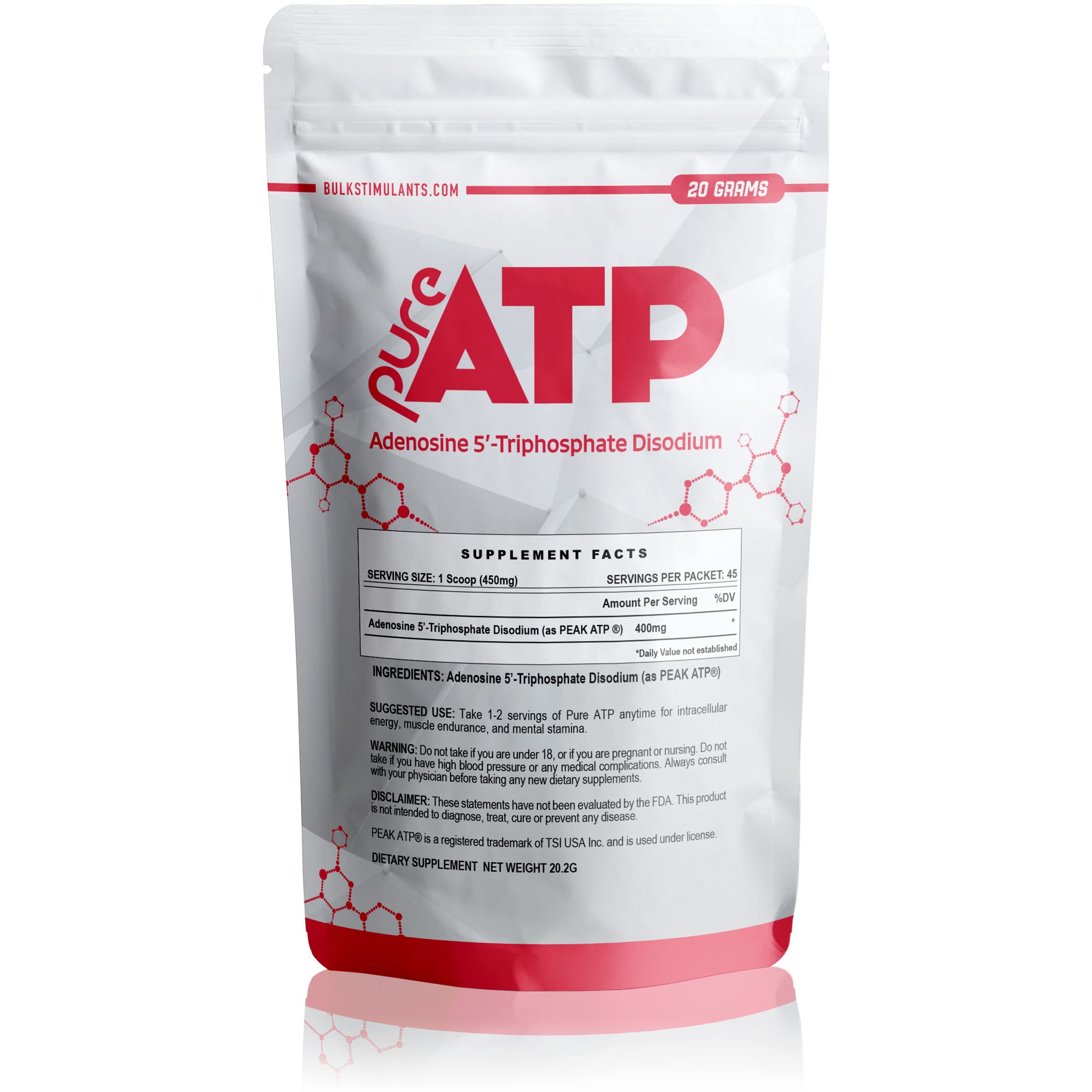 BulkStimulants Pure ATP Powder in a jar provides a clean energy boost for workouts.