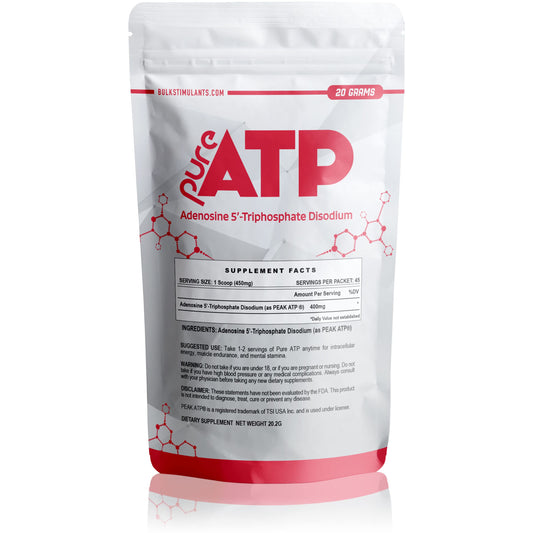 BulkStimulants Pure ATP Powder in a jar provides a clean energy boost for workouts.