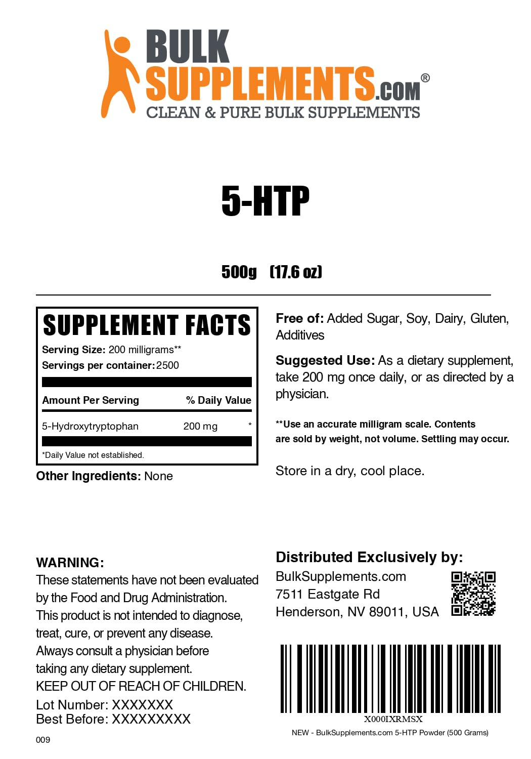 BulkSupplements 5-HTP powder bottle on shelf ready to pair with beverages.