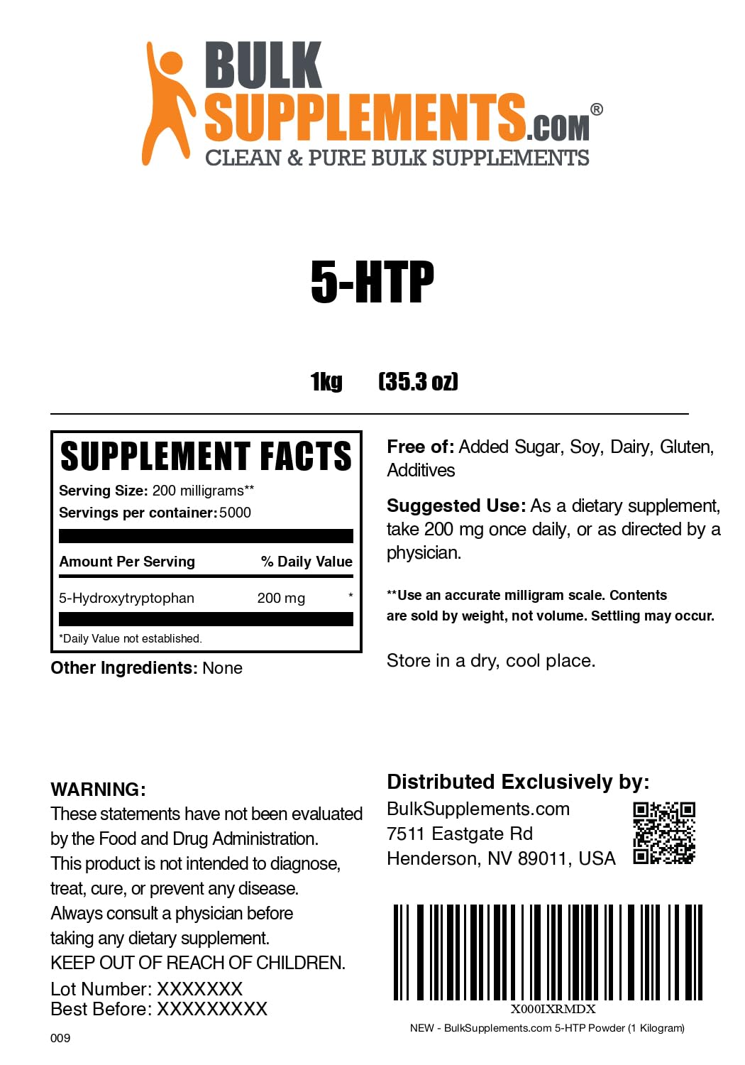 BulkSupplements 5-HTP powder packaging reflects cGMP quality and trusted sourcing.