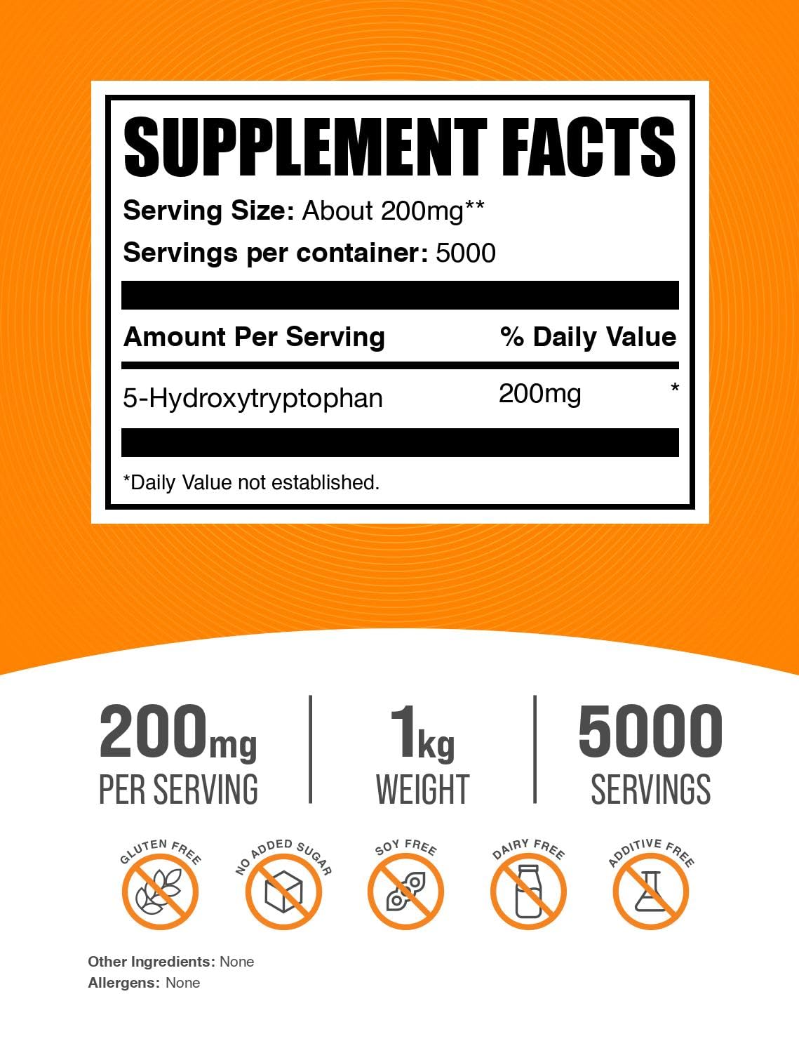 BulkSupplements 5-HTP powder scoop shows convenient measuring for precise servings.