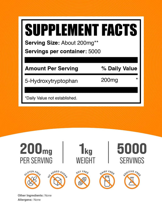 BulkSupplements 5-HTP powder scoop shows convenient measuring for precise servings.