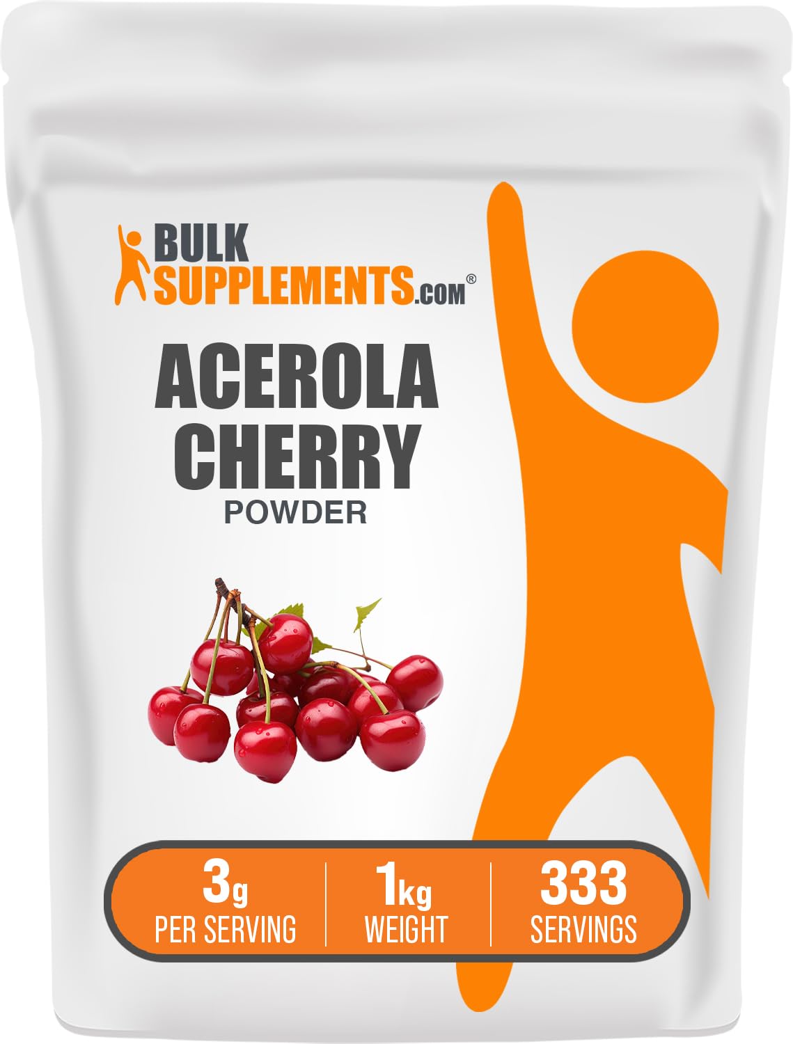 BulkSupplements Acerola Cherry Powder bottle highlights gluten-free vitamin C support for daily wellness.