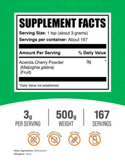 BulkSupplements Acerola Cherry Powder with a measuring scoop for easy portioning in smoothies